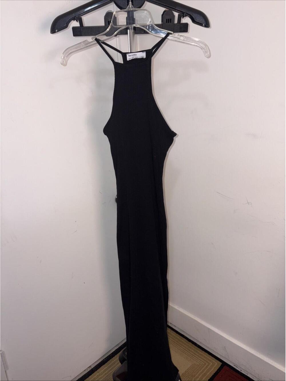 Bershka Black Ribbed Racerback Maxi Dress Side Slit, Cotton Modal Blend XS